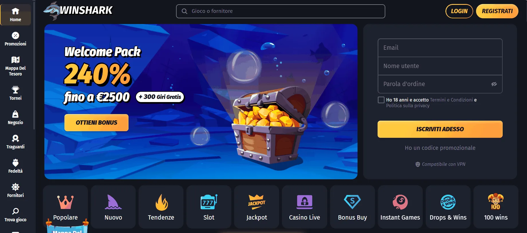 Sito web del casinò online Winshark Pagina iniziale Winshark Casino